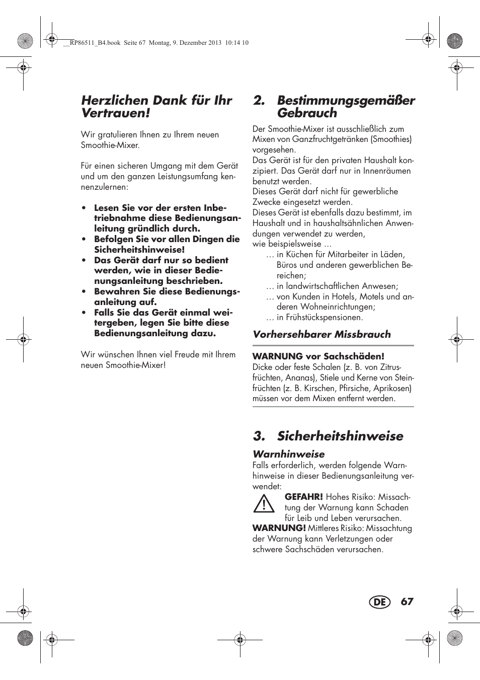 Herzlichen dank für ihr vertrauen, Bestimmungsgemäßer gebrauch, Sicherheitshinweise | Silvercrest SSM 175 A1 User Manual | Page 69 / 78