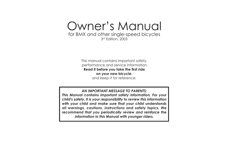 Owner’s manual | Diamondback 06.DB SS OM User Manual | Page 3 / 38