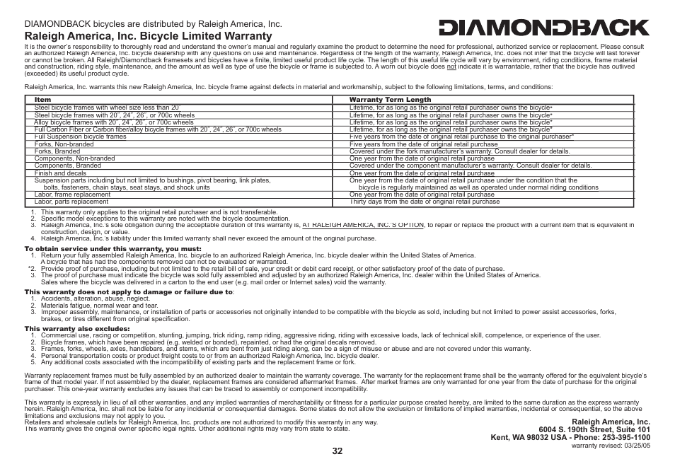 Free l os t & f ound service, Raleigh america, inc. bicycle limited warranty | Diamondback 06.DB SS OM User Manual | Page 34 / 38