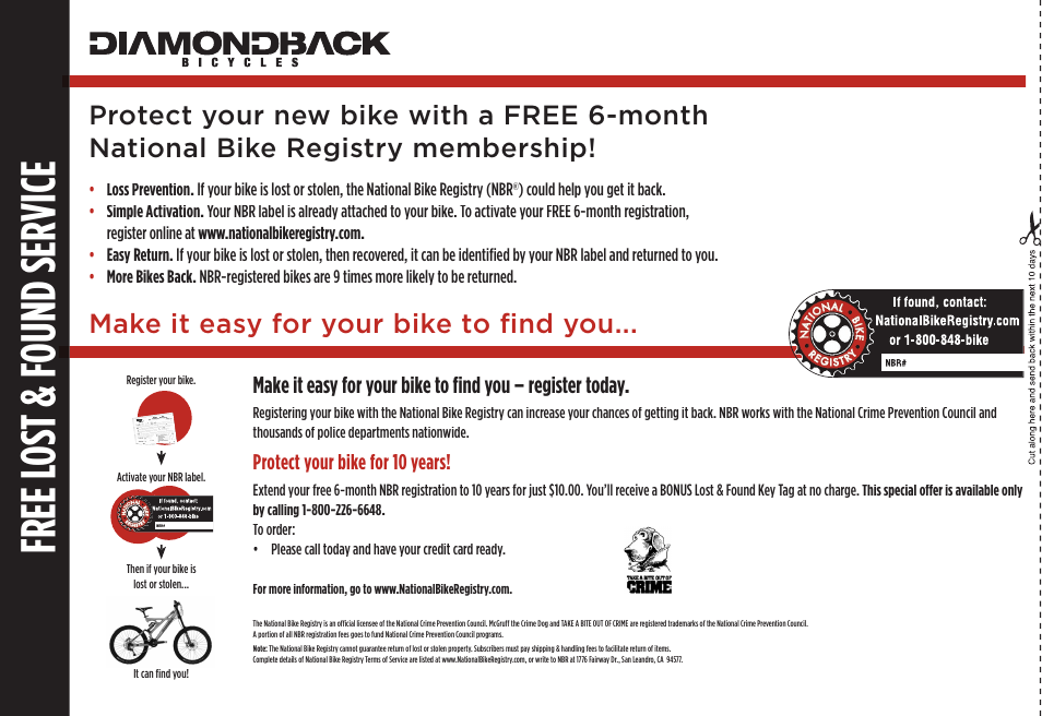 Free l os t & f ound service, Make it easy for your bike to fi nd you | Diamondback 06.DB SS OM User Manual | Page 35 / 38