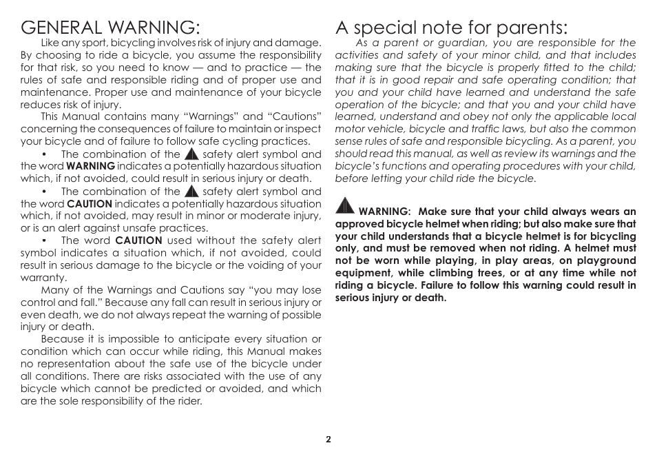 General warning | Diamondback 06.DB SS OM User Manual | Page 4 / 38