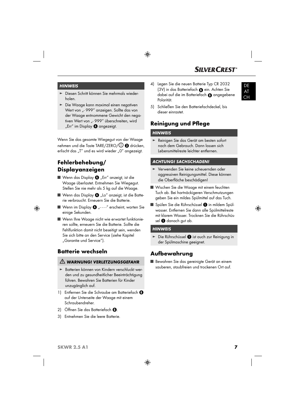 Fehlerbehebung/ displayanzeigen, Batterie wechseln, Reinigung und pﬂ ege | Aufbewahrung | Silvercrest SKWR 2.5 A1 User Manual | Page 10 / 44