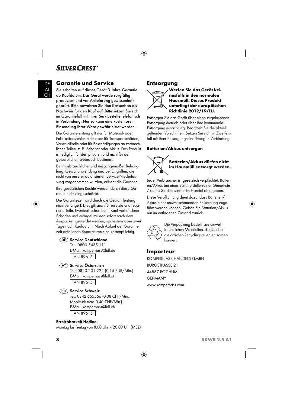 Garantie und service, Entsorgung, Importeur | Silvercrest SKWR 2.5 A1 User Manual | Page 11 / 44