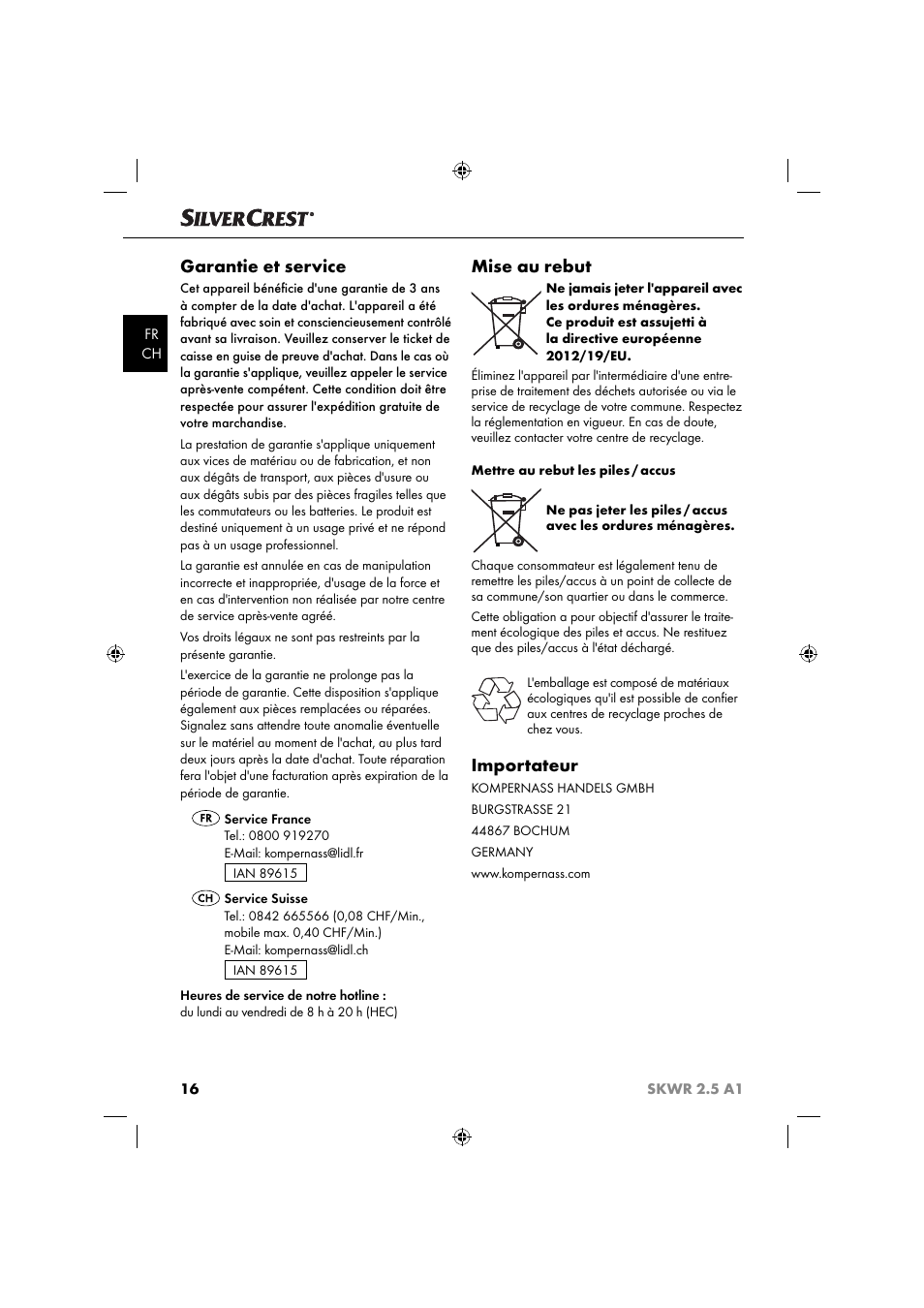 Garantie et service, Mise au rebut, Importateur | Silvercrest SKWR 2.5 A1 User Manual | Page 19 / 44