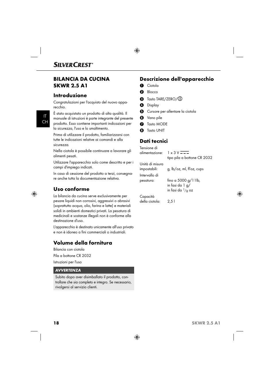 Bilancia da cucina skwr 2.5 a1 introduzione, Uso conforme, Volume della fornitura | Descrizione dell'apparecchio, Dati tecnici | Silvercrest SKWR 2.5 A1 User Manual | Page 21 / 44
