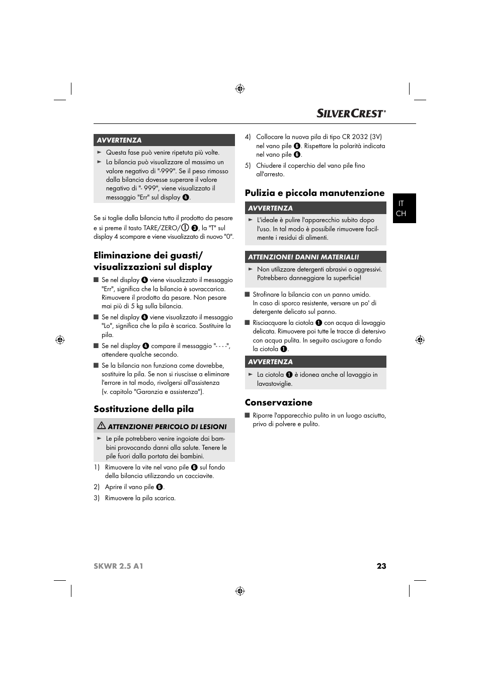 Sostituzione della pila, Pulizia e piccola manutenzione, Conservazione | Silvercrest SKWR 2.5 A1 User Manual | Page 26 / 44