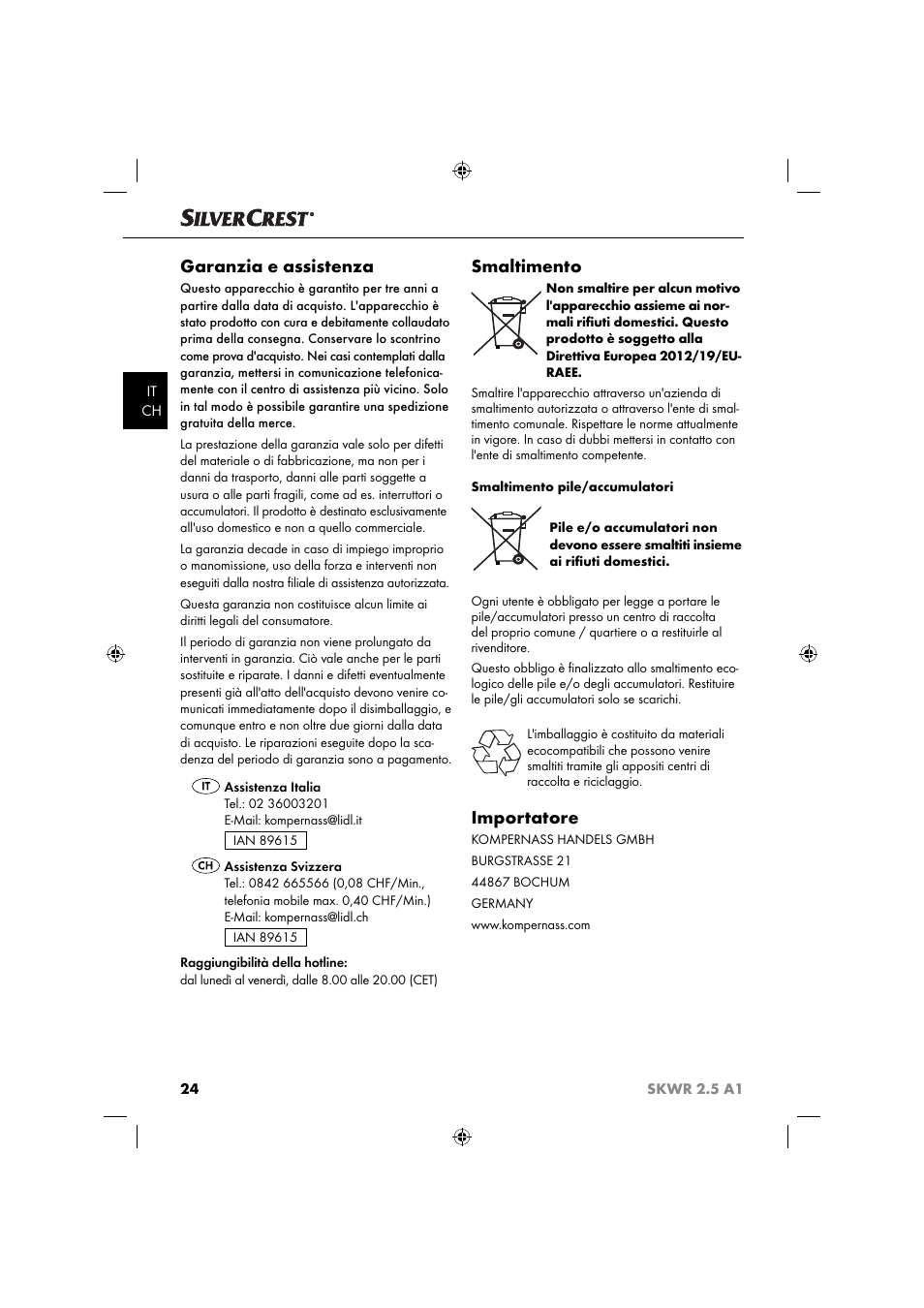 Garanzia e assistenza, Smaltimento, Importatore | Silvercrest SKWR 2.5 A1 User Manual | Page 27 / 44