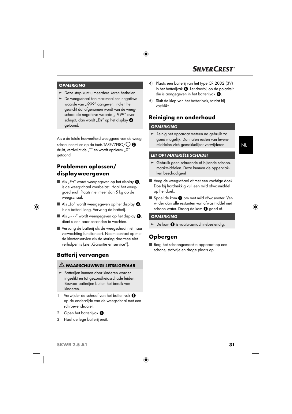 Problemen oplossen/ displayweergaven, Batterij vervangen, Reiniging en onderhoud | Opbergen | Silvercrest SKWR 2.5 A1 User Manual | Page 34 / 44