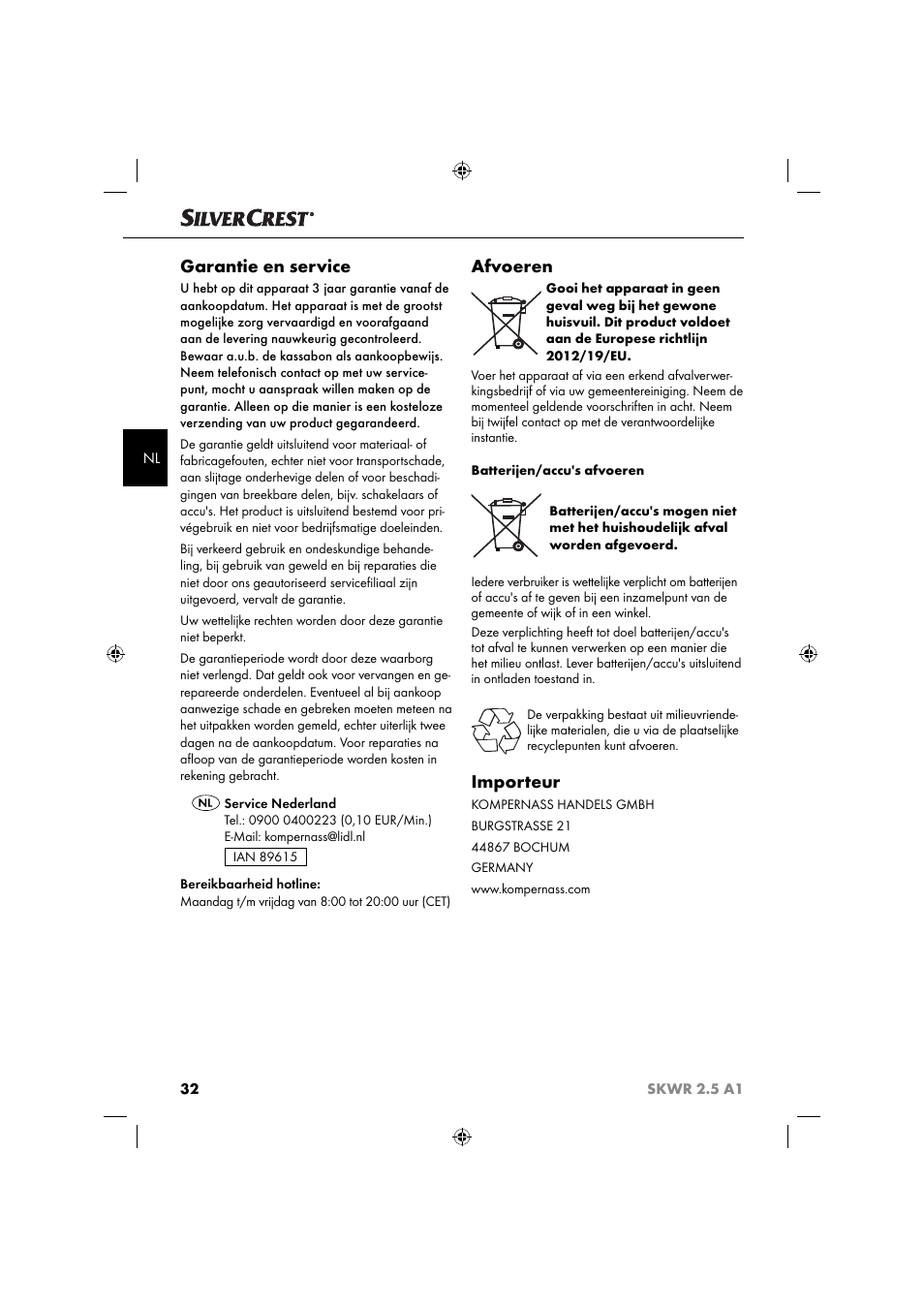 Garantie en service, Afvoeren, Importeur | Silvercrest SKWR 2.5 A1 User Manual | Page 35 / 44