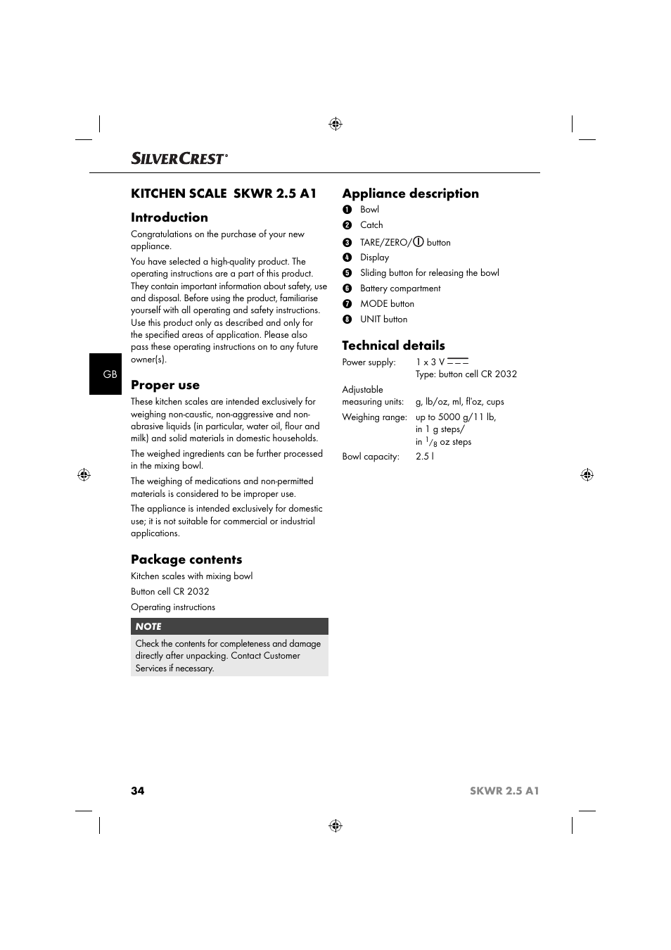 Kitchen scale skwr 2.5 a1 introduction, Proper use, Package contents | Appliance description, Technical details | Silvercrest SKWR 2.5 A1 User Manual | Page 37 / 44