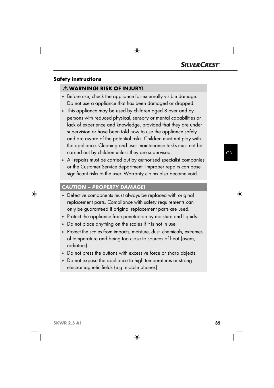 Safety instructions, Warning! risk of injury | Silvercrest SKWR 2.5 A1 User Manual | Page 38 / 44