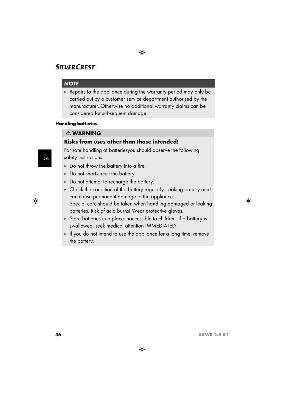 Do not throw the battery into a ﬁ re, Do not short-circuit the battery, Do not attempt to recharge the battery | Silvercrest SKWR 2.5 A1 User Manual | Page 39 / 44