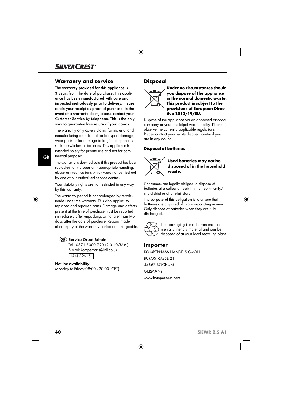 Warranty and service, Disposal, Importer | Silvercrest SKWR 2.5 A1 User Manual | Page 43 / 44
