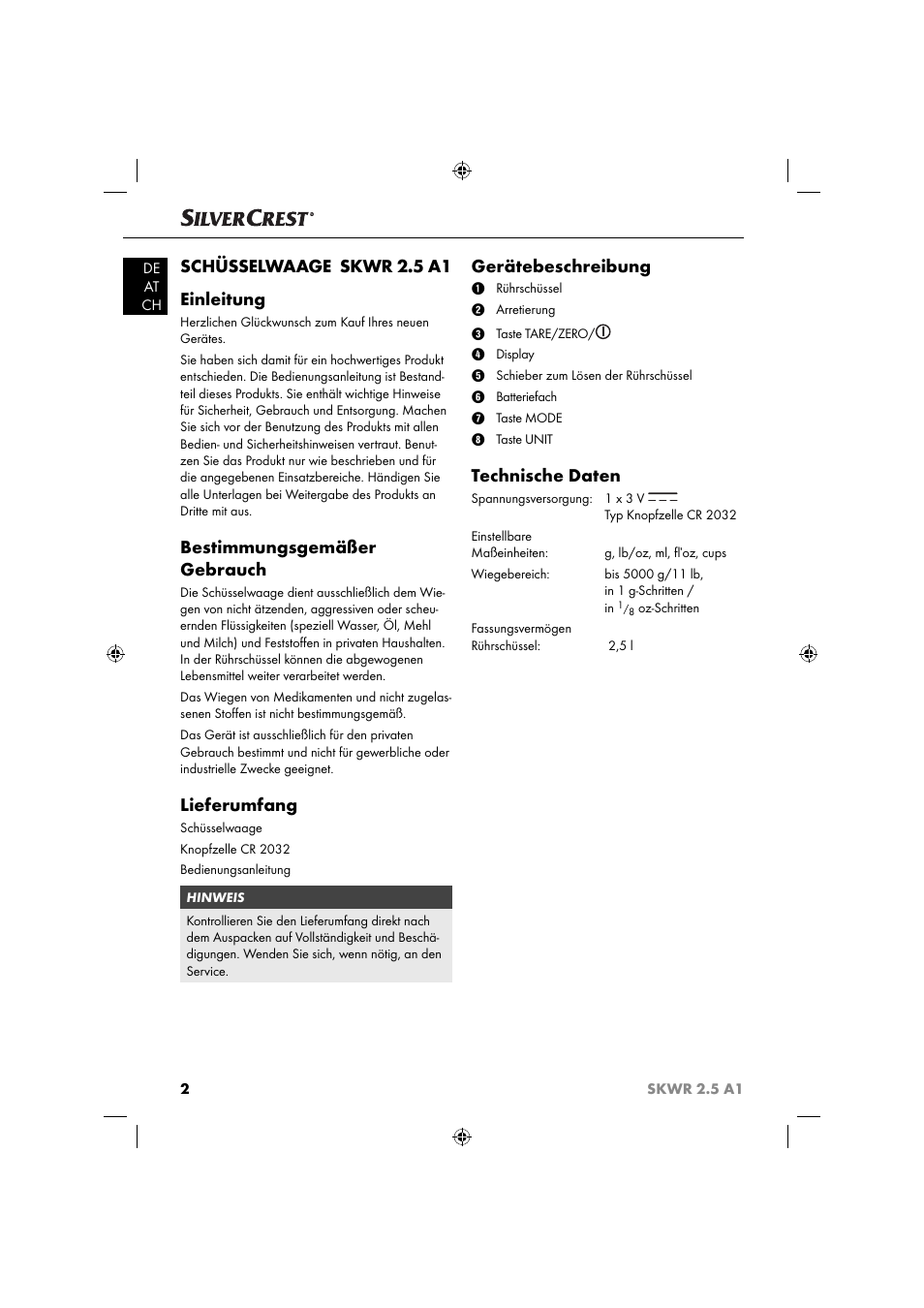 Schüsselwaage skwr 2.5 a1 einleitung, Bestimmungsgemäßer gebrauch, Lieferumfang | Gerätebeschreibung, Technische daten | Silvercrest SKWR 2.5 A1 User Manual | Page 5 / 44