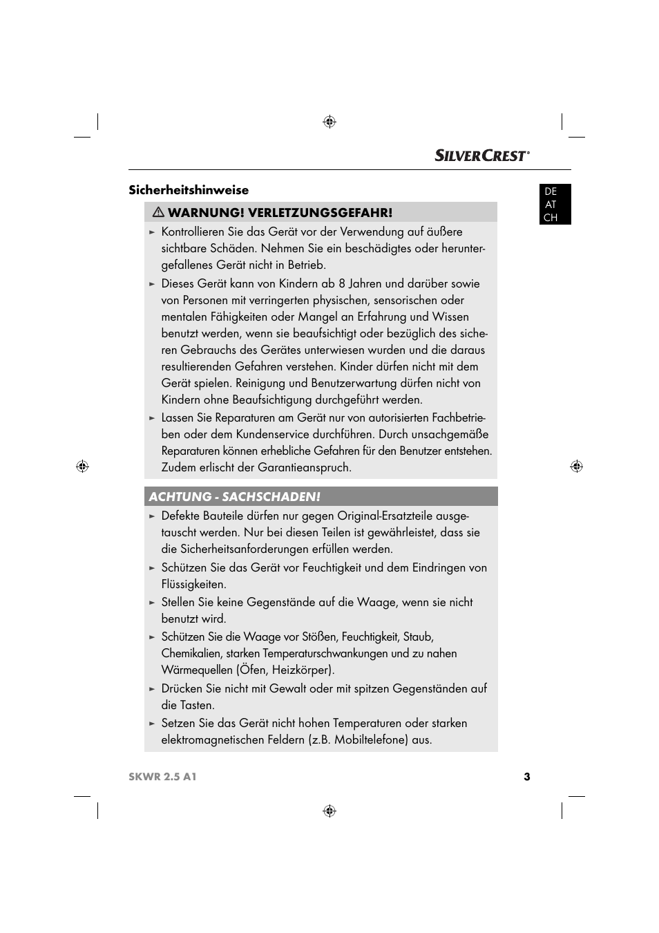 Sicherheitshinweise warnung! verletzungsgefahr | Silvercrest SKWR 2.5 A1 User Manual | Page 6 / 44