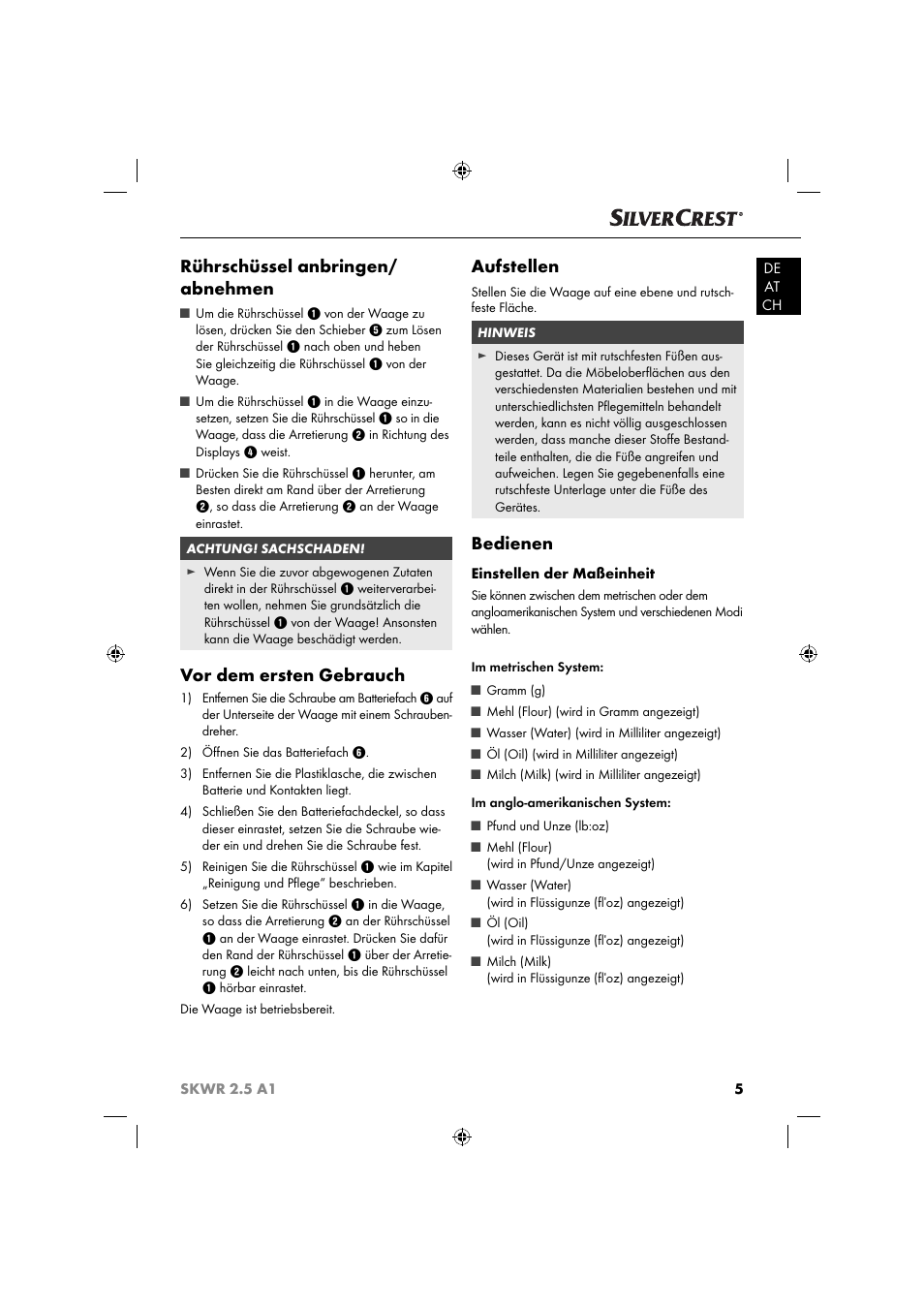 Rührschüssel anbringen/ abnehmen, Vor dem ersten gebrauch, Aufstellen | Bedienen | Silvercrest SKWR 2.5 A1 User Manual | Page 8 / 44