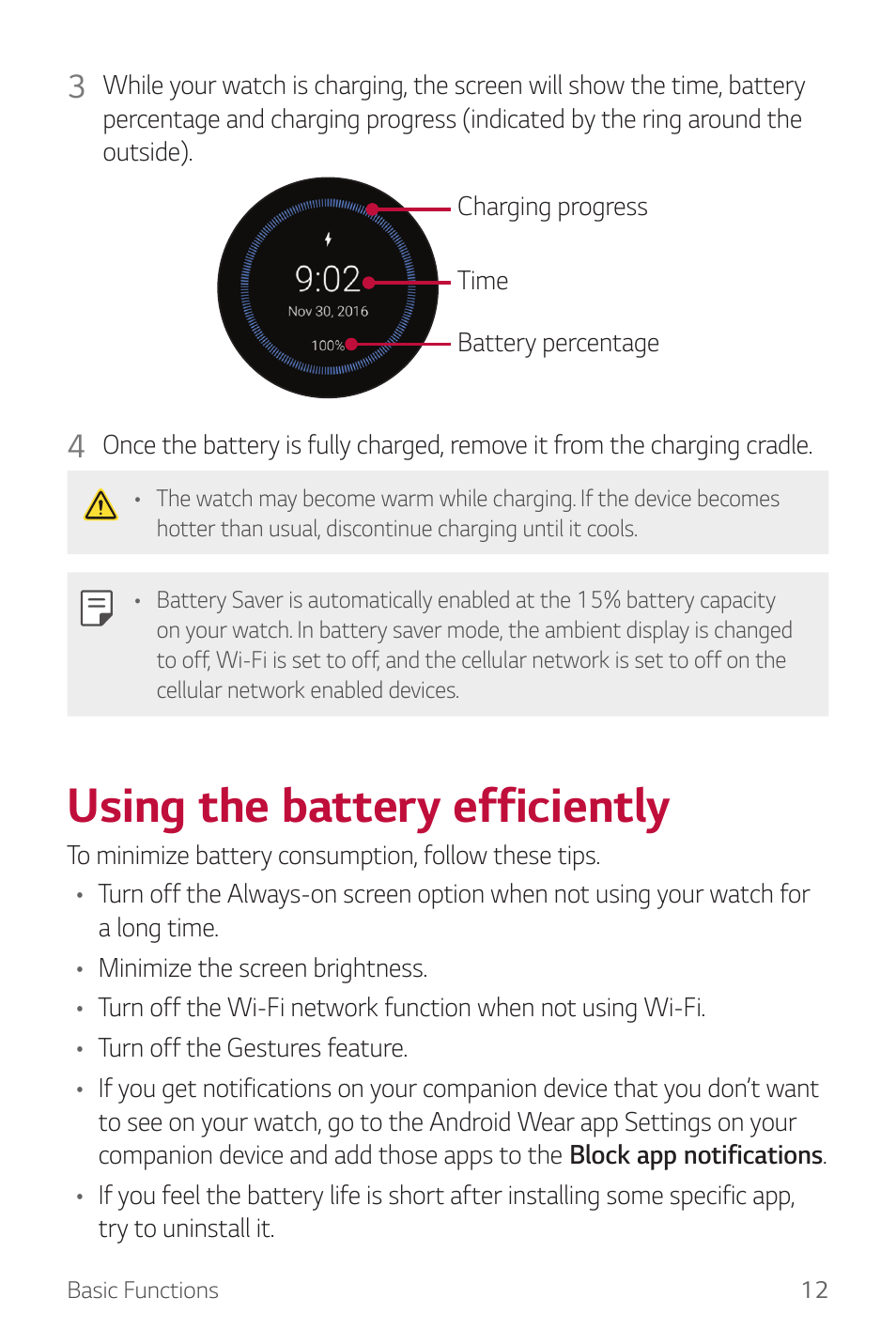 Using the battery efficiently | LG Watch Sport W280A User Manual | Page 13 / 79