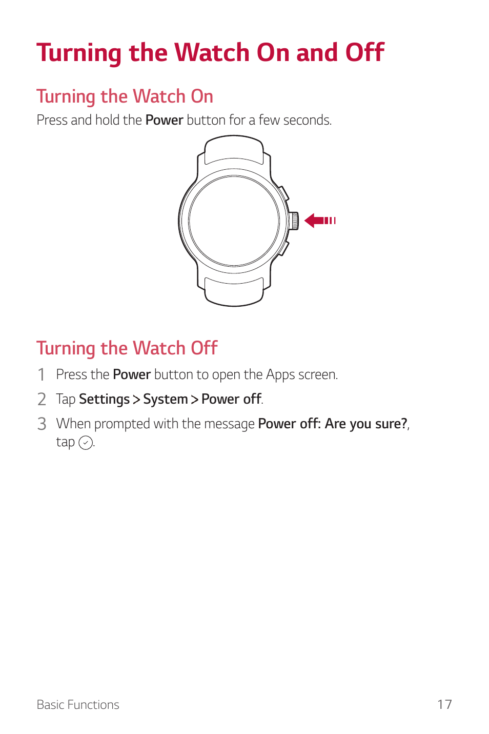 Turning the watch on and off, Turning the watch on, Turning the watch off | LG Watch Sport W280A User Manual | Page 18 / 79