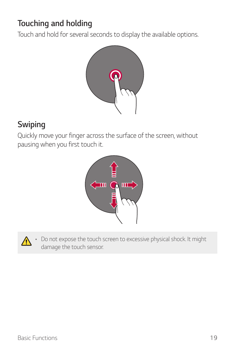 Touching and holding, Swiping | LG Watch Sport W280A User Manual | Page 20 / 79