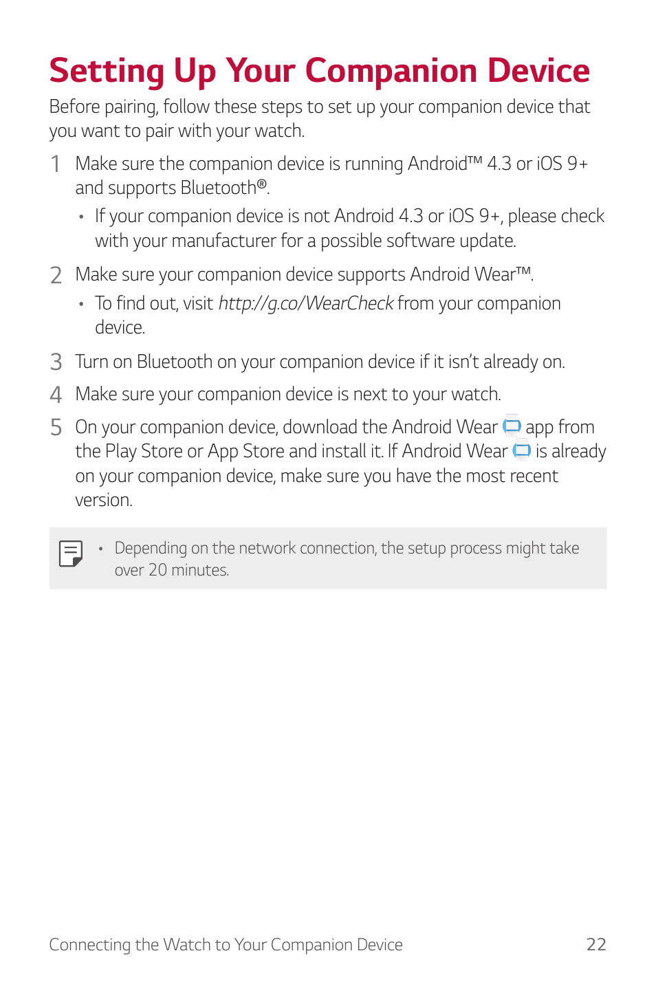 Setting up your companion device | LG Watch Sport W280A User Manual | Page 23 / 79