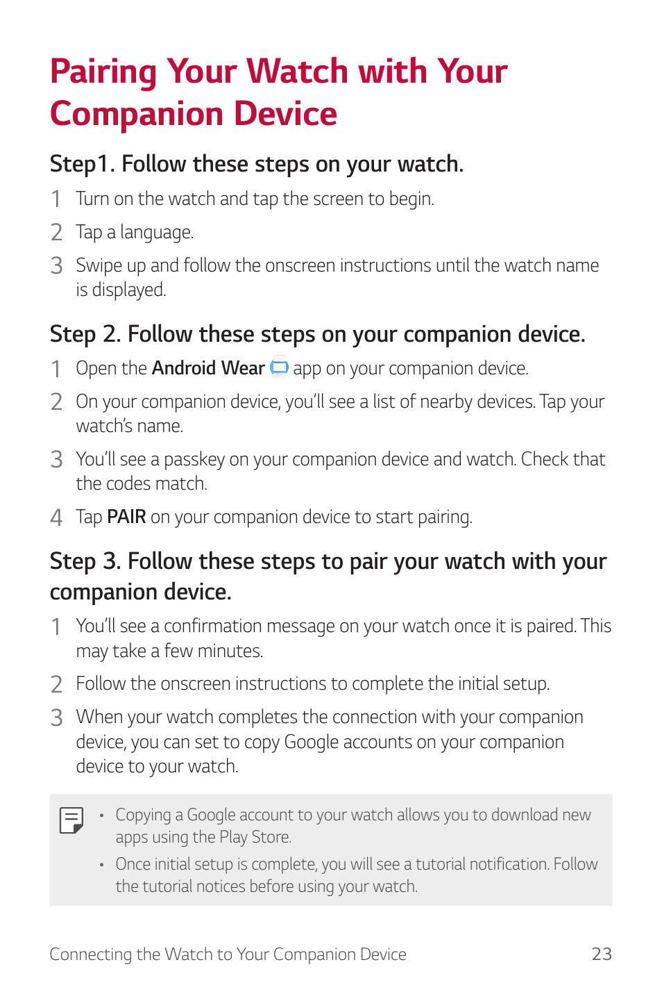 Pairing your watch with your companion device | LG Watch Sport W280A User Manual | Page 24 / 79