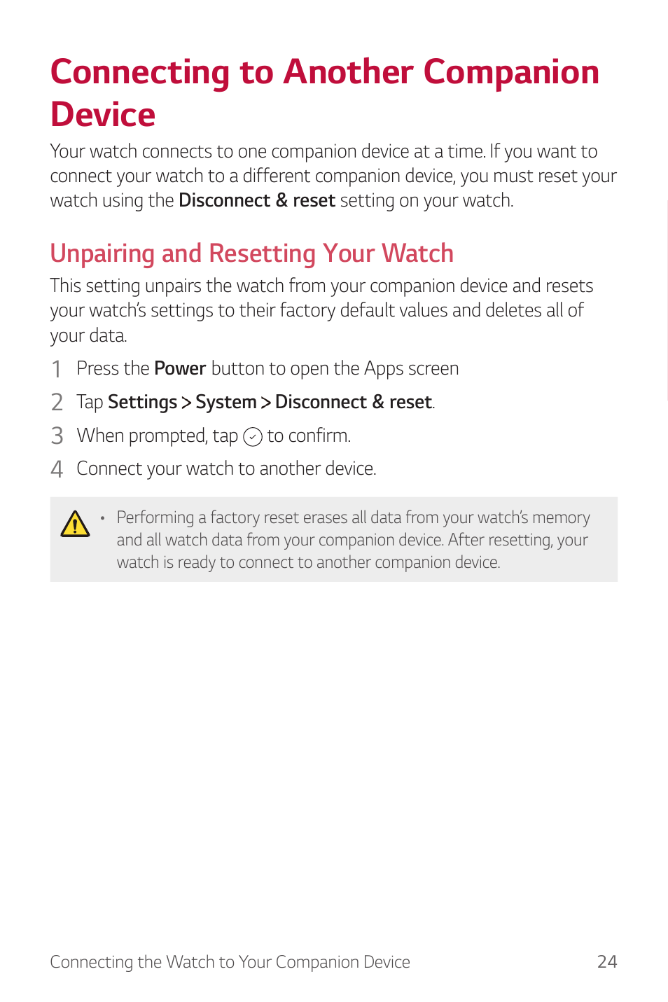 Connecting to another companion device, Unpairing and resetting your watch | LG Watch Sport W280A User Manual | Page 25 / 79