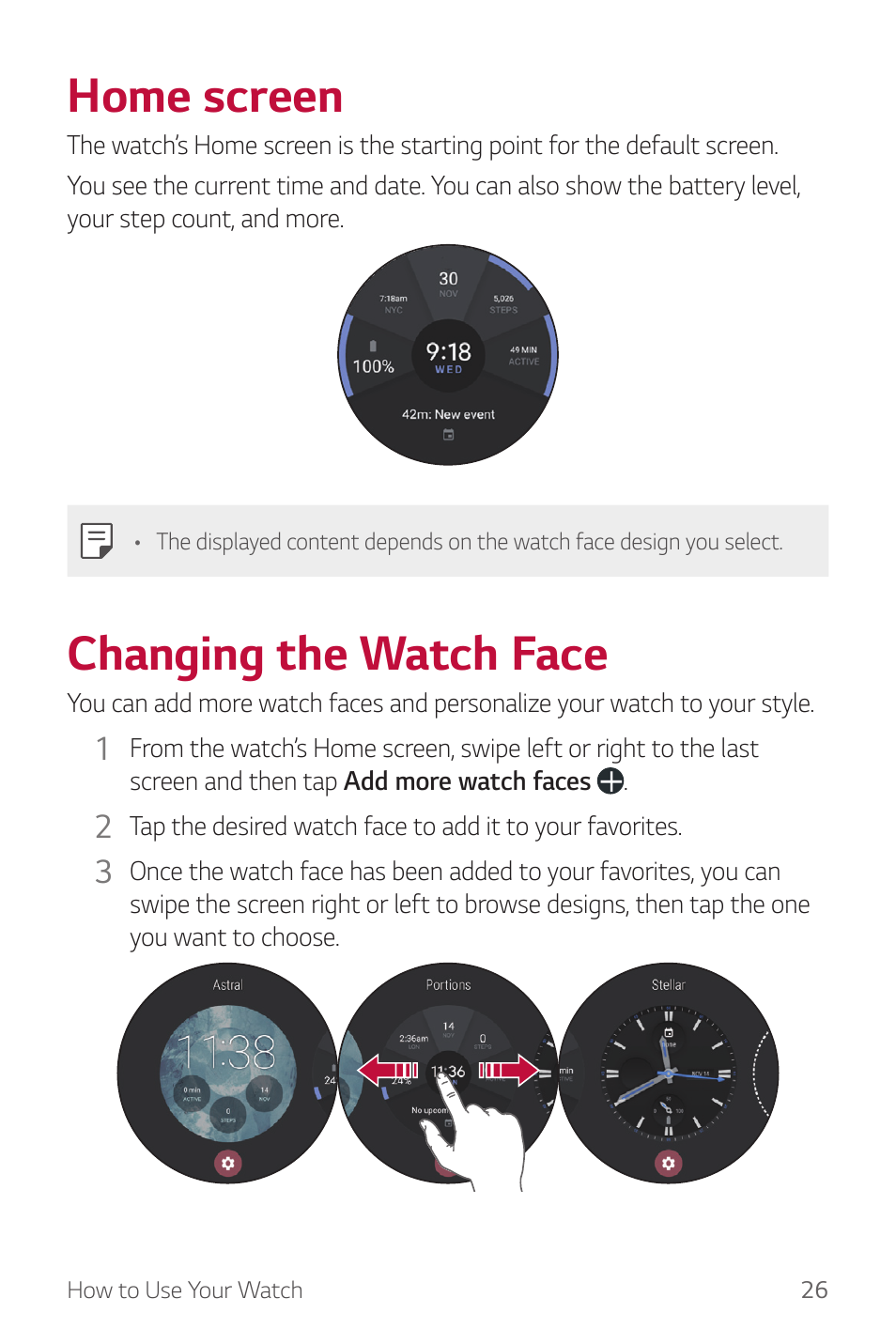 Home screen, Changing the watch face, Home | Screen | LG Watch Sport W280A User Manual | Page 27 / 79