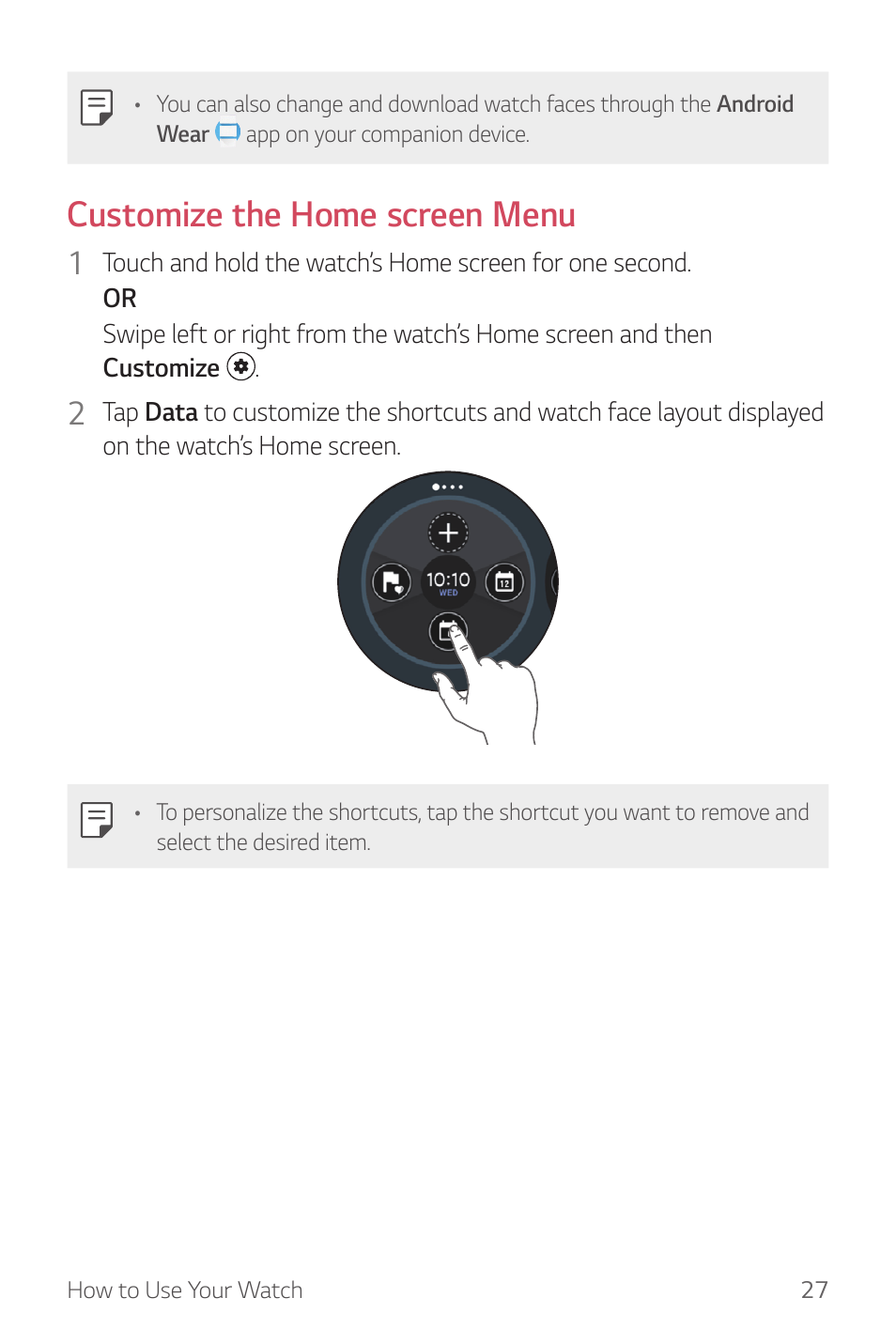 Customize the home screen menu | LG Watch Sport W280A User Manual | Page 28 / 79