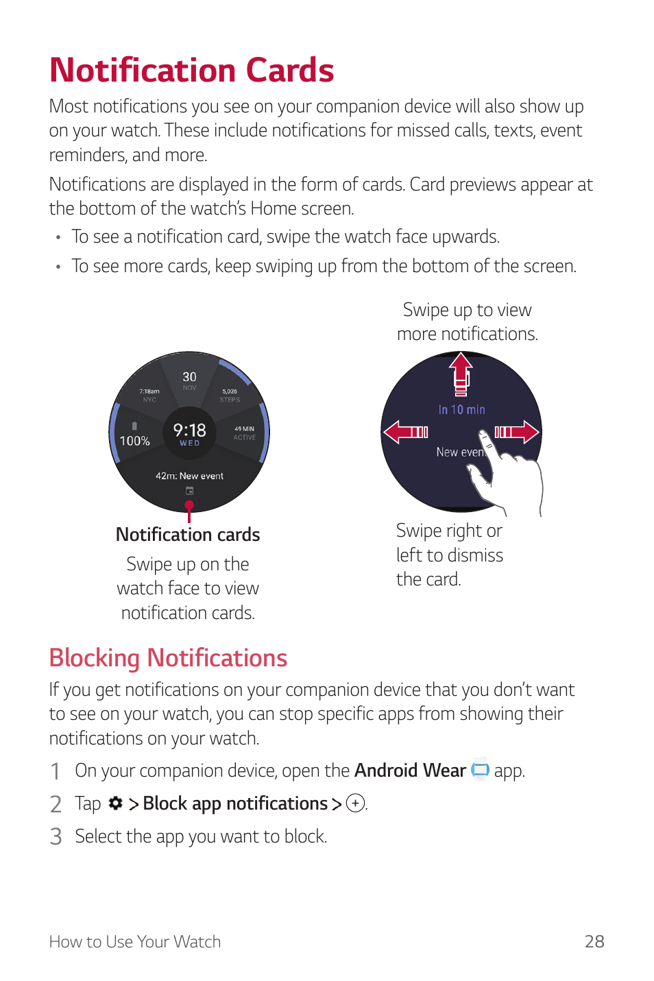 Notification cards, Notification, Cards | Blocking notifications | LG Watch Sport W280A User Manual | Page 29 / 79