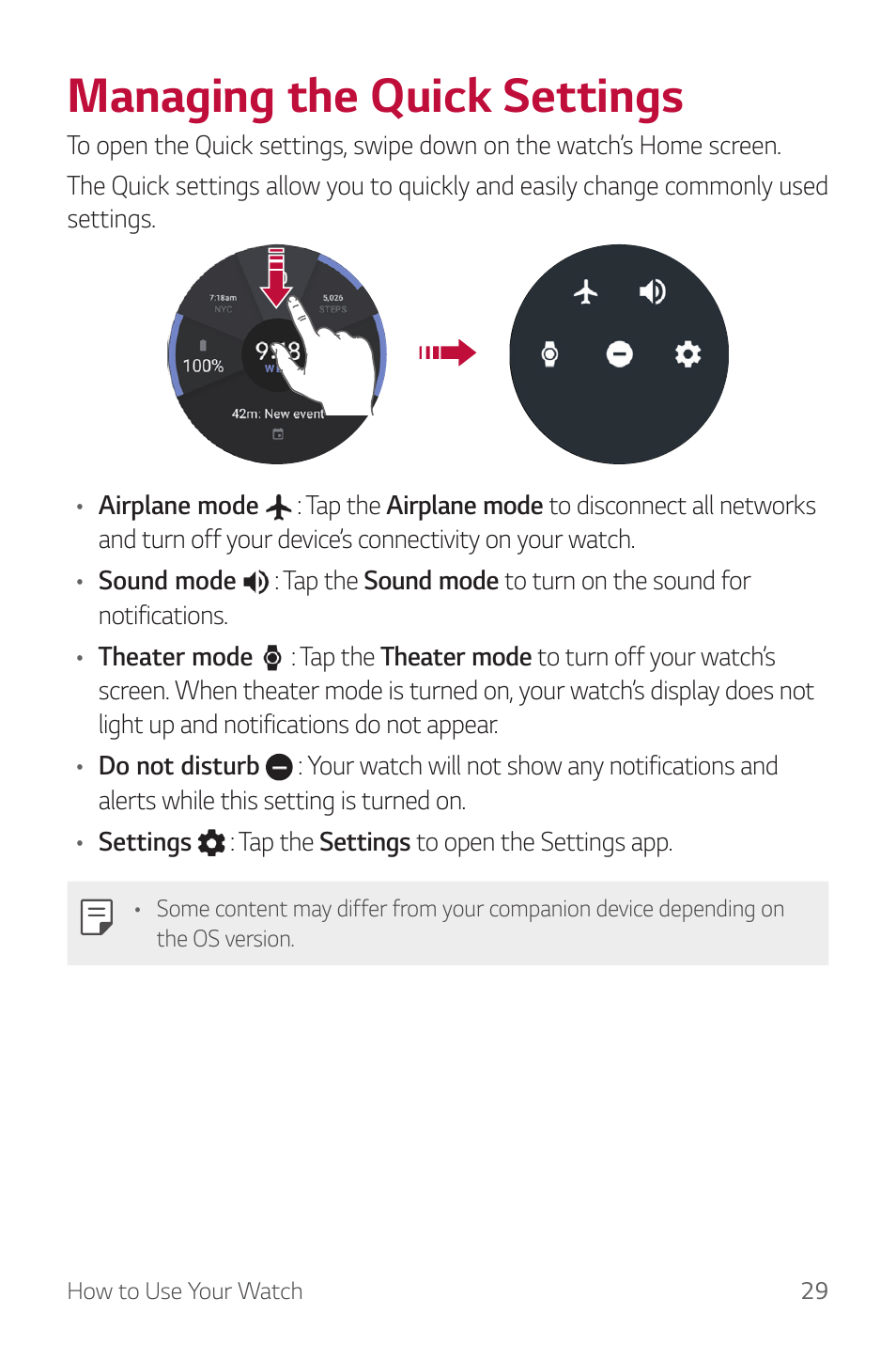 Managing the quick settings | LG Watch Sport W280A User Manual | Page 30 / 79