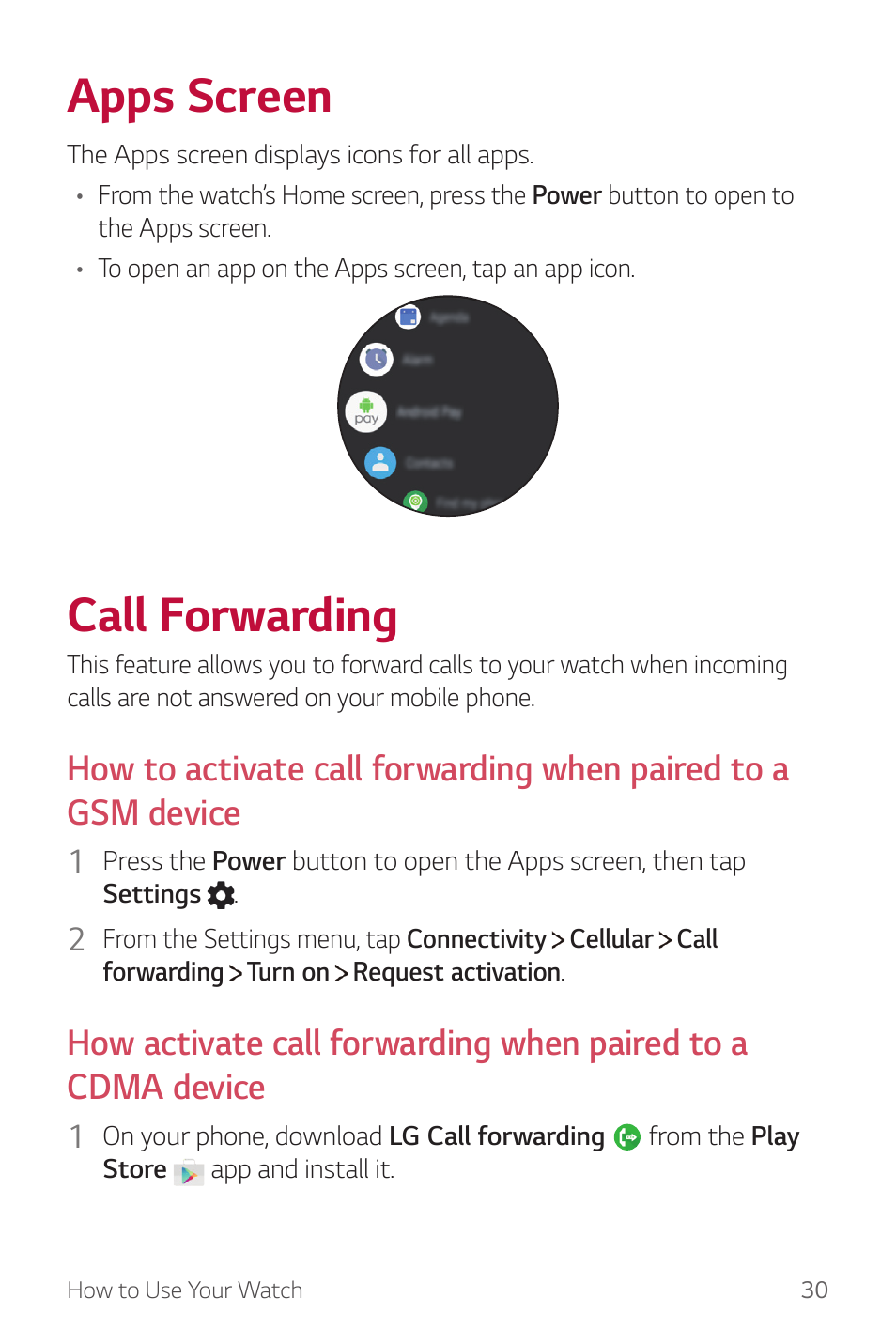 Apps screen, Call forwarding, Apps | Screen, Call, Forwarding | LG Watch Sport W280A User Manual | Page 31 / 79