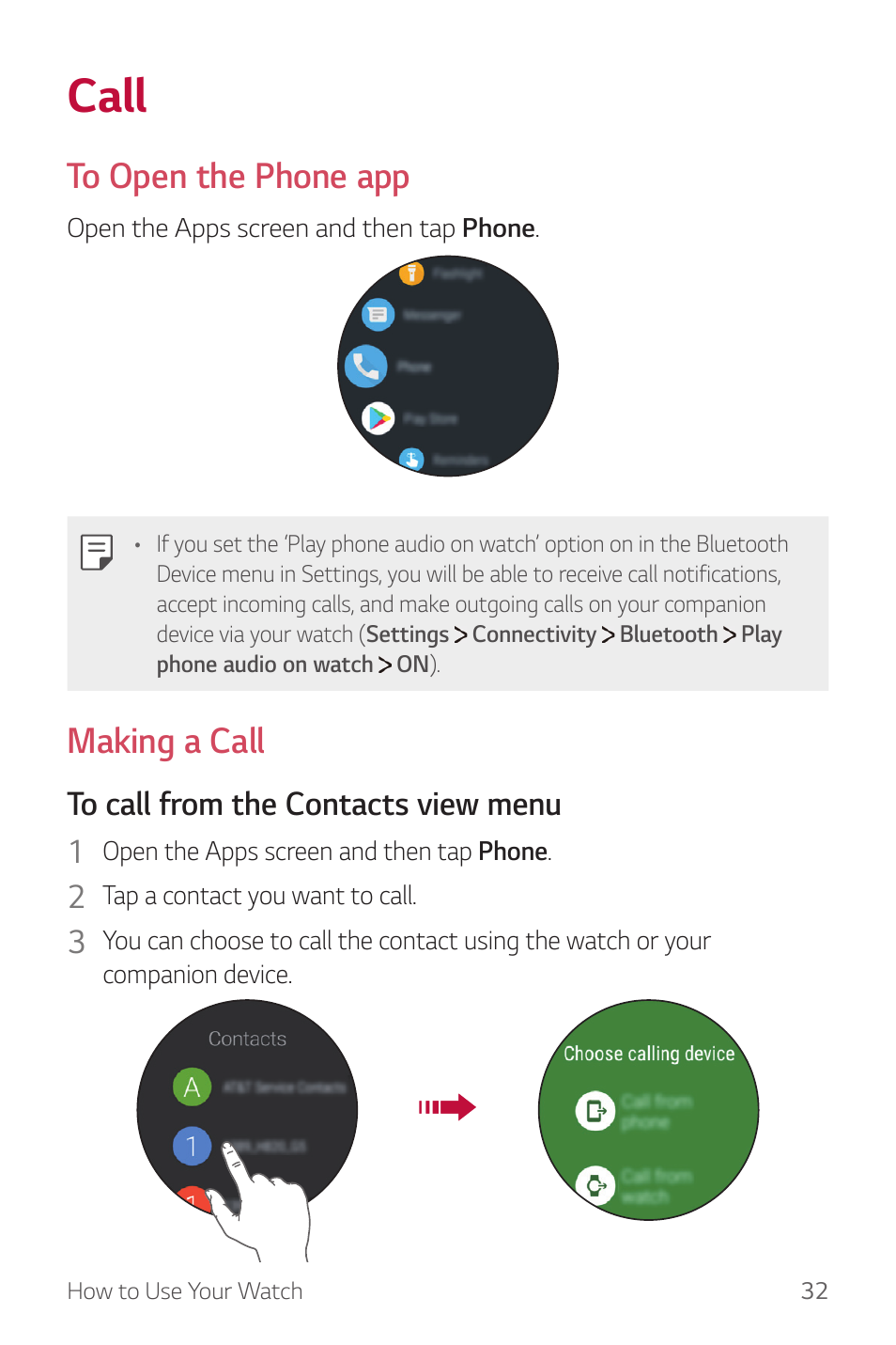 Call, Making a call | LG Watch Sport W280A User Manual | Page 33 / 79