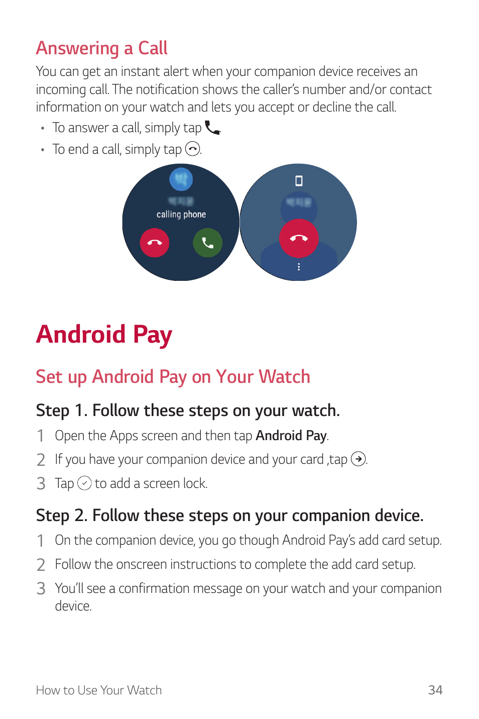 Android pay, Android, Answering a call | Set up android pay on your watch | LG Watch Sport W280A User Manual | Page 35 / 79