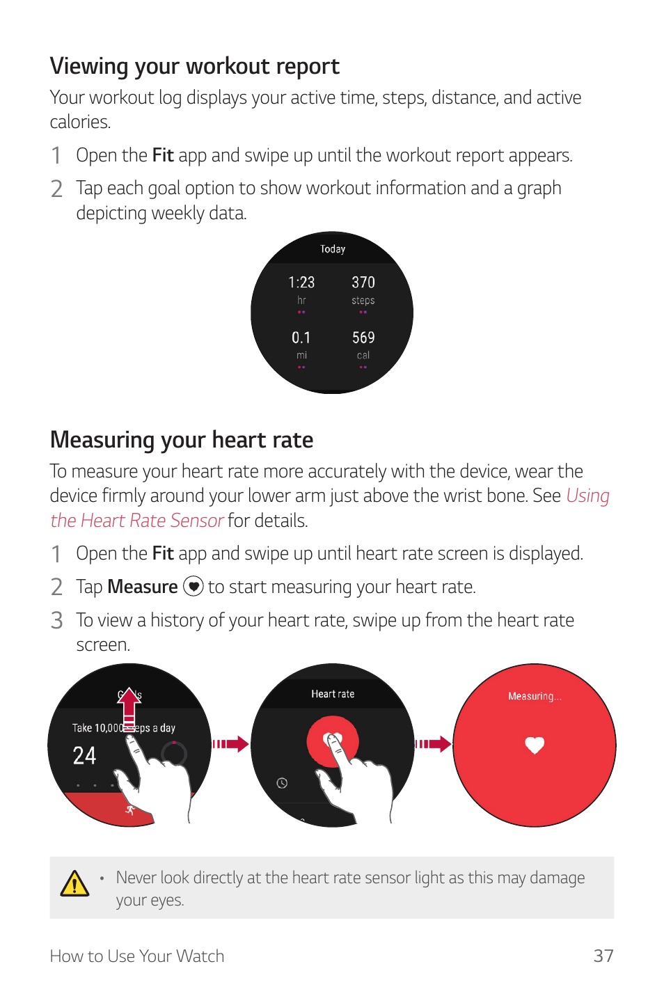 Viewing your workout report, Measuring your heart rate | LG Watch Sport W280A User Manual | Page 38 / 79