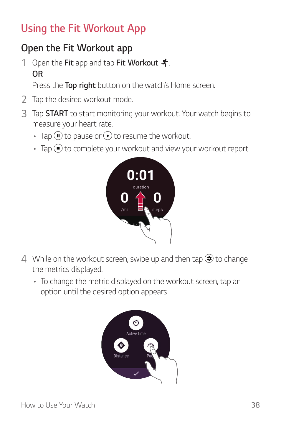 Using the fit workout app, Open the fit workout app 1 | LG Watch Sport W280A User Manual | Page 39 / 79