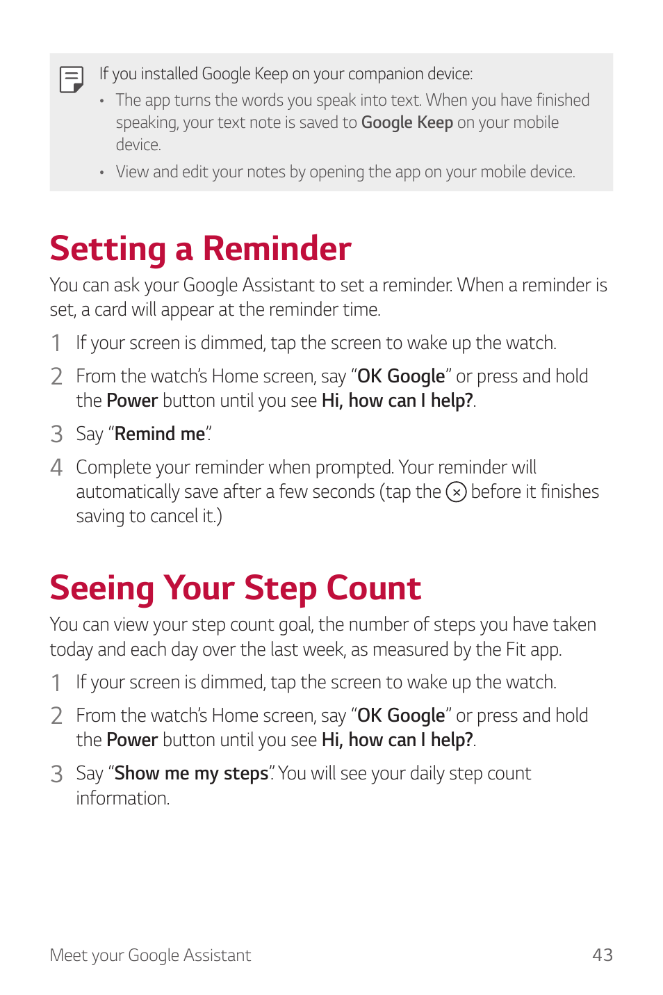 Setting a reminder, Seeing your step count | LG Watch Sport W280A User Manual | Page 44 / 79