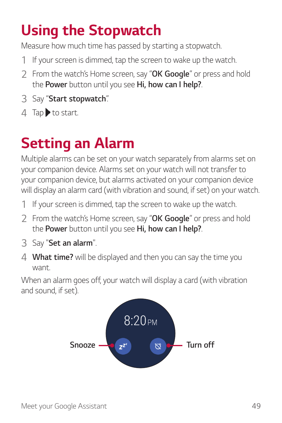 Using the stopwatch, Setting an alarm | LG Watch Sport W280A User Manual | Page 50 / 79