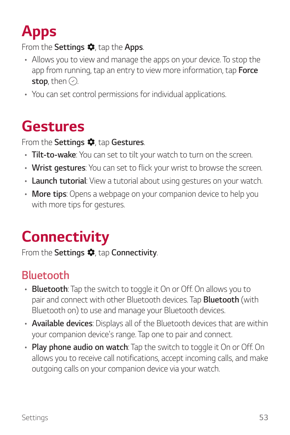Apps, Gestures, Connectivity | Bluetooth | LG Watch Sport W280A User Manual | Page 54 / 79
