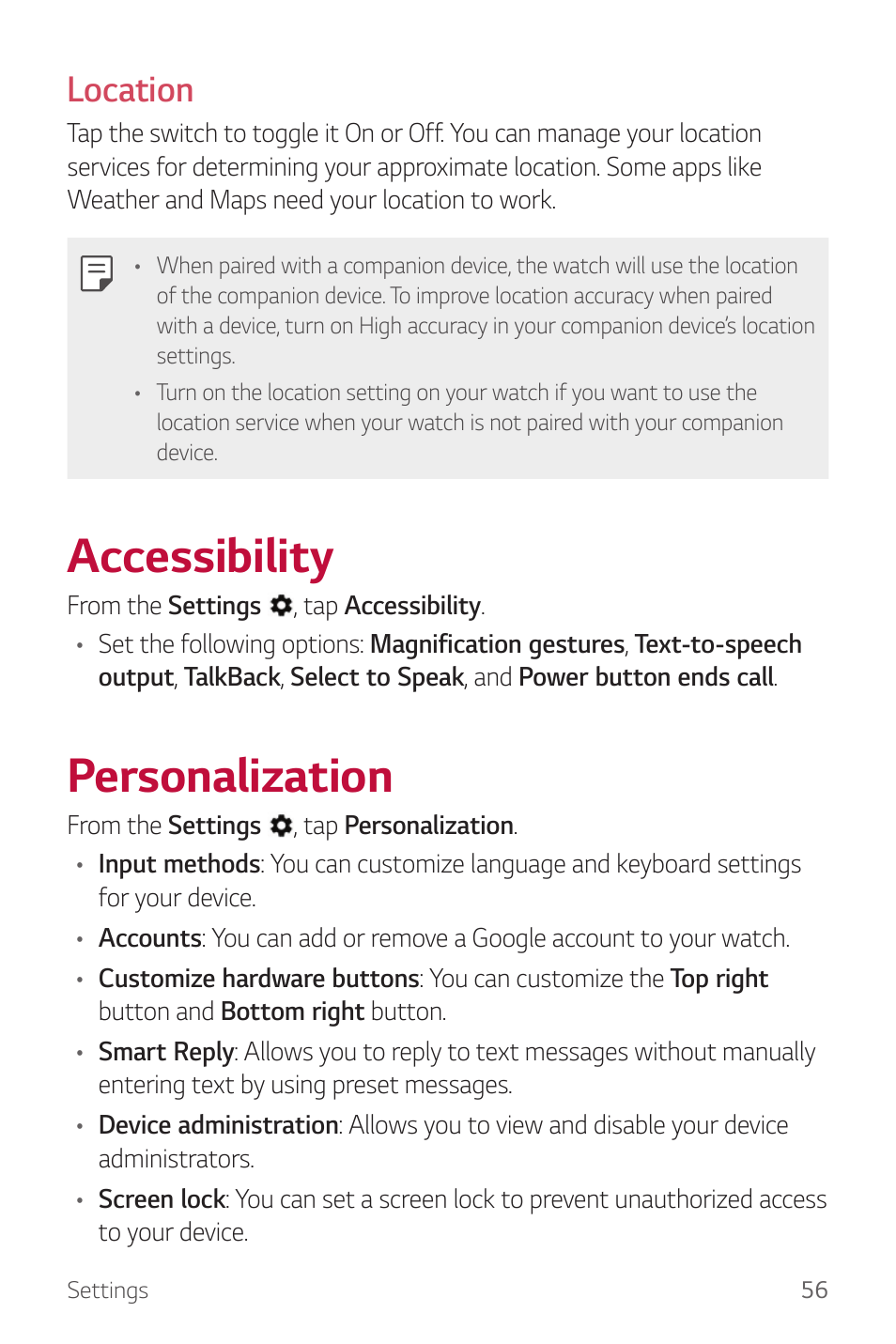 Accessibility, Personalization, Location | LG Watch Sport W280A User Manual | Page 57 / 79