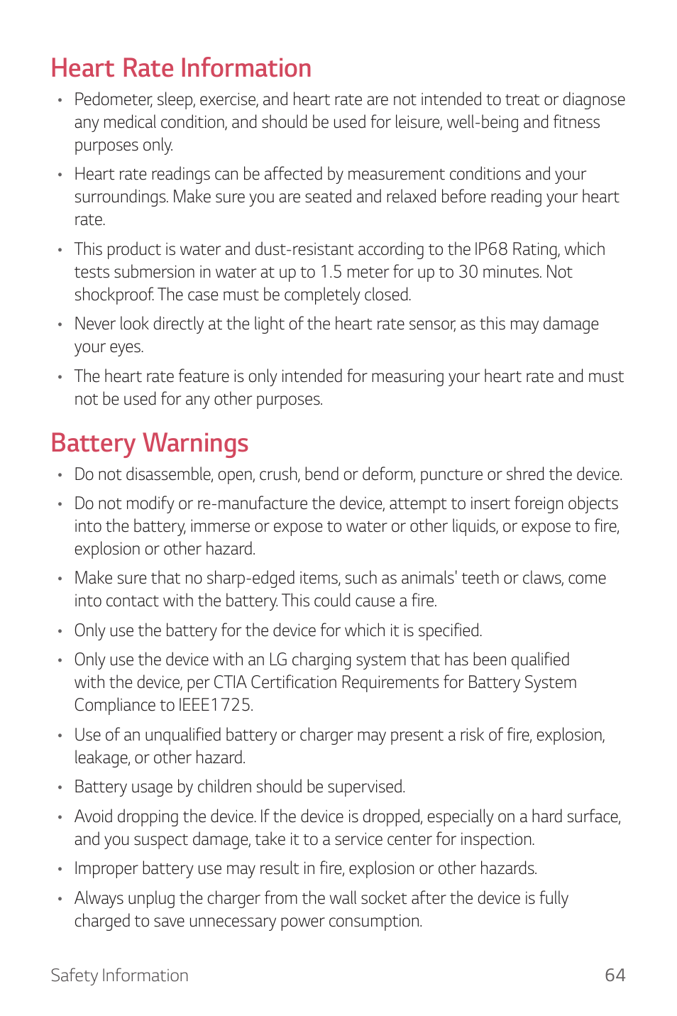 Heart rate information, Battery warnings | LG Watch Sport W280A User Manual | Page 65 / 79