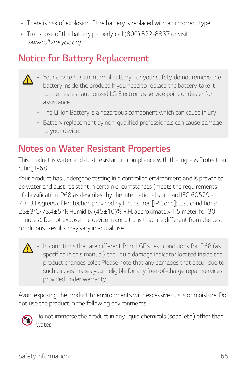 Notice for battery replacement | LG Watch Sport W280A User Manual | Page 66 / 79