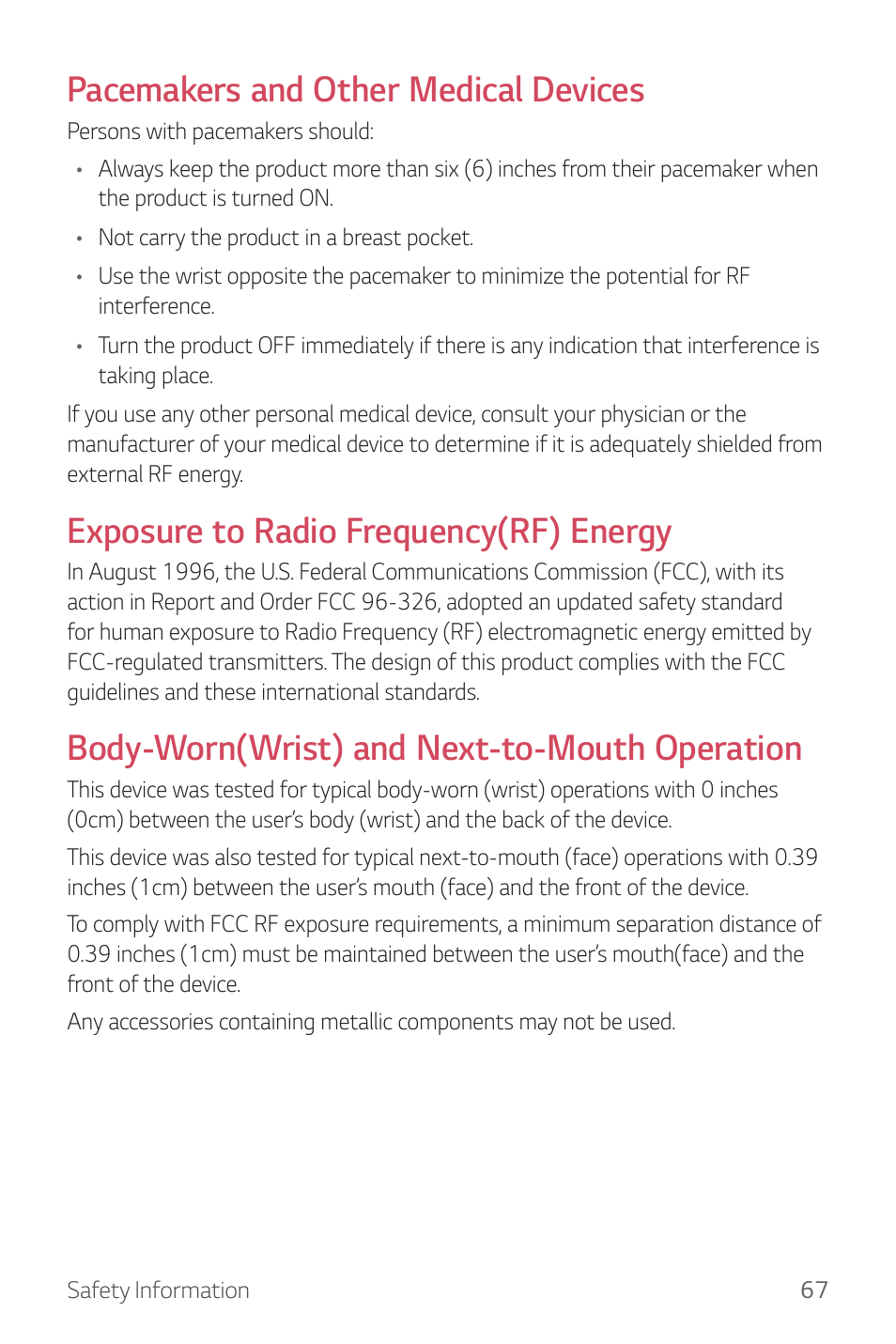 Pacemakers and other medical devices, Exposure to radio frequency(rf) energy, Body-worn(wrist) and next-to-mouth operation | LG Watch Sport W280A User Manual | Page 68 / 79