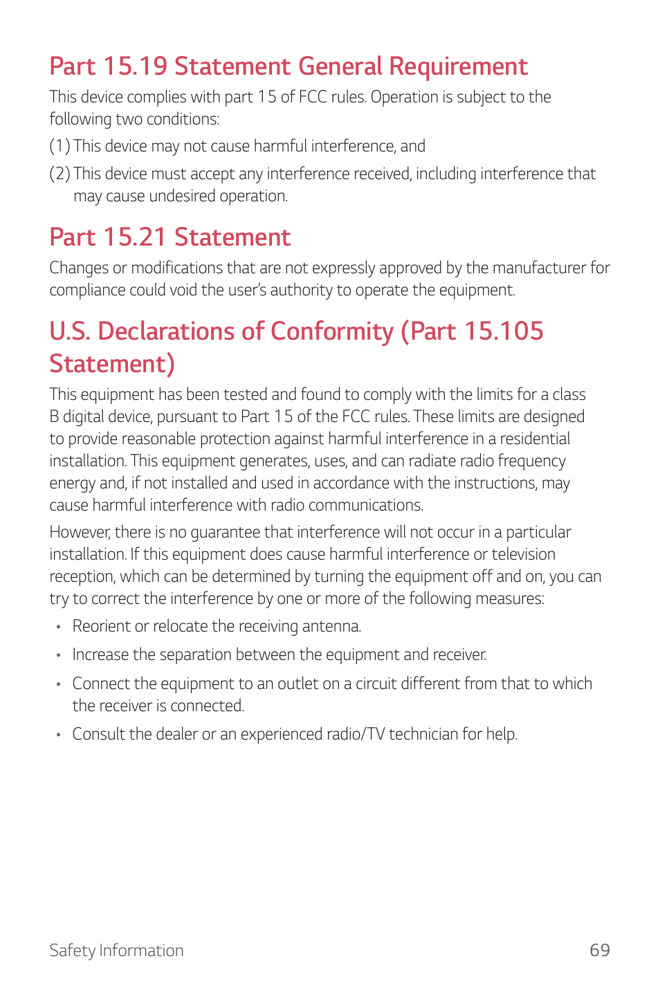 Part 15.19 statement general requirement, Part 15.21 statement | LG Watch Sport W280A User Manual | Page 70 / 79