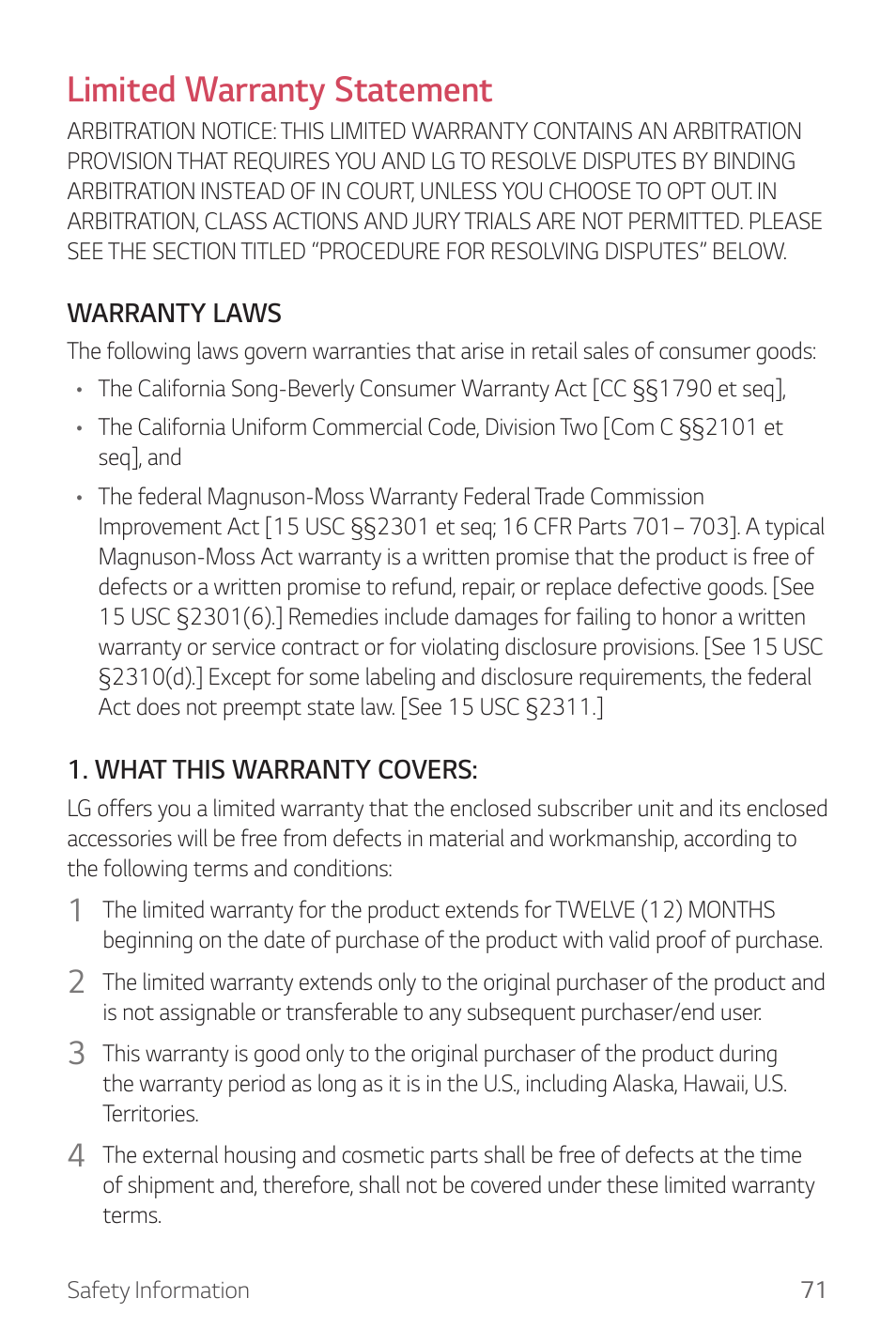 Limited warranty statement | LG Watch Sport W280A User Manual | Page 72 / 79