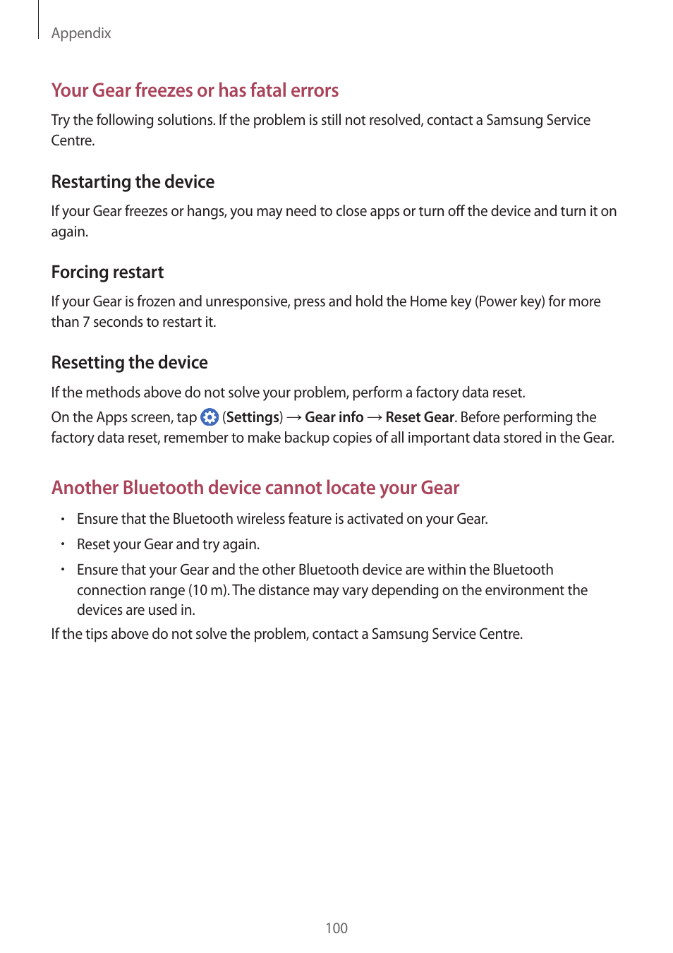 Your gear freezes or has fatal errors, Another bluetooth device cannot locate your gear | Samsung Gear S3 SM-R760 User Manual | Page 100 / 104