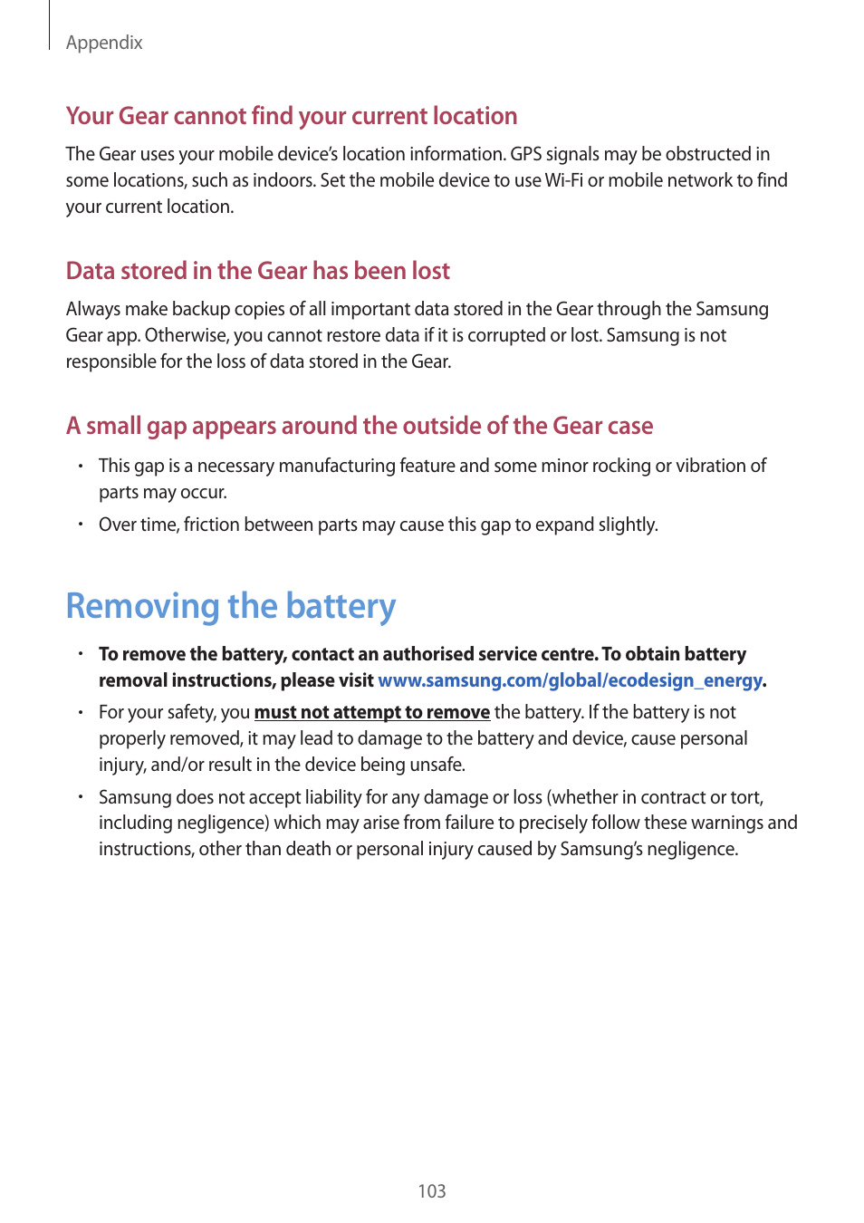 Removing the battery, 103 removing the battery, Your gear cannot find your current location | Data stored in the gear has been lost | Samsung Gear S3 SM-R760 User Manual | Page 103 / 104