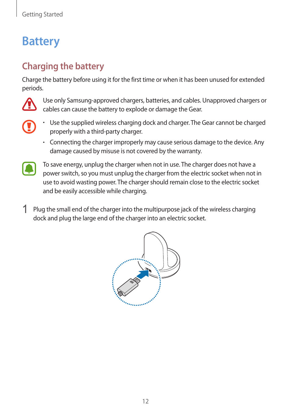 Battery, Charging the battery, 12 battery | 12 charging the battery | Samsung Gear S3 SM-R760 User Manual | Page 12 / 104