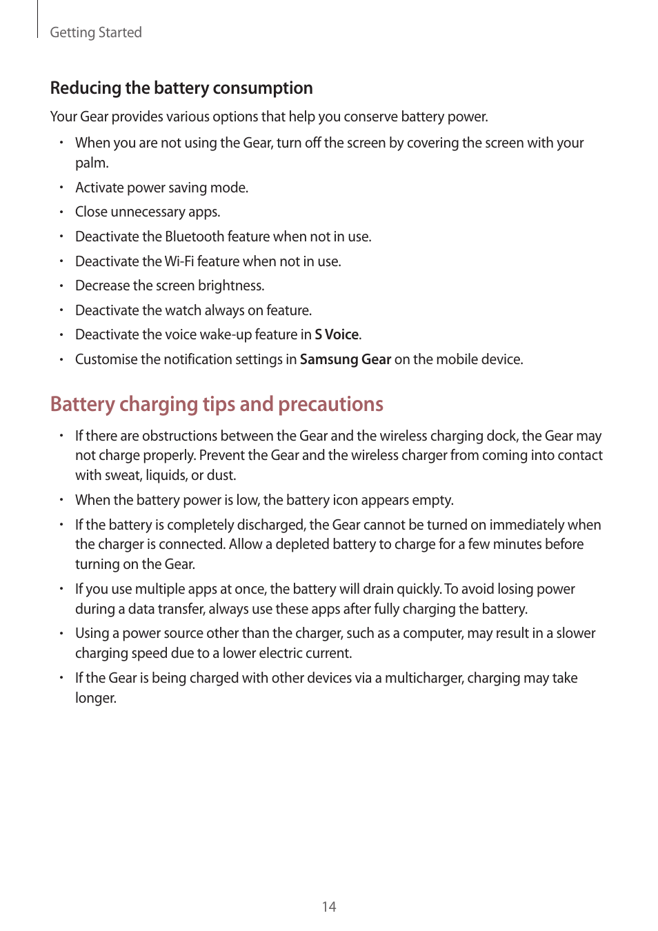 Battery charging tips and precautions, 14 battery charging tips and, Precautions | Reducing the battery consumption | Samsung Gear S3 SM-R760 User Manual | Page 14 / 104