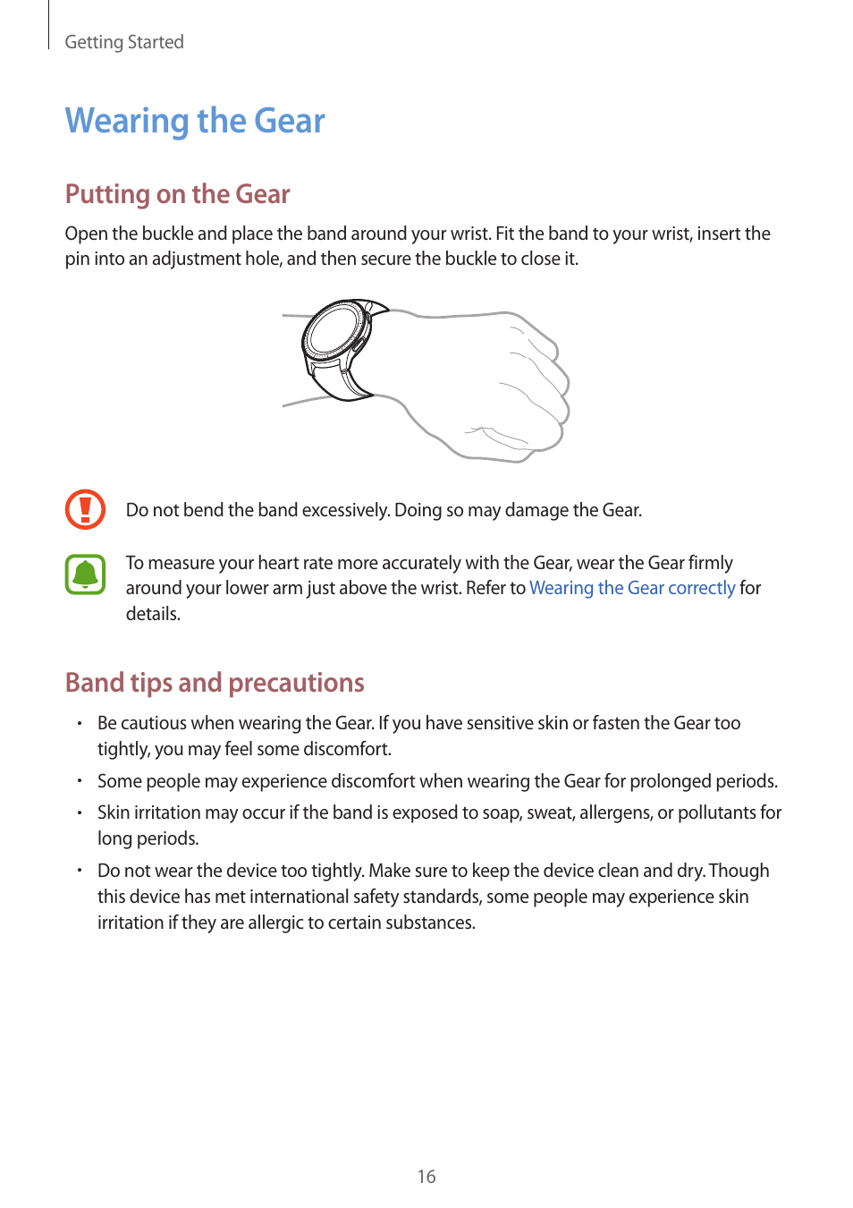 Wearing the gear, Putting on the gear, Band tips and precautions | 16 wearing the gear | Samsung Gear S3 SM-R760 User Manual | Page 16 / 104