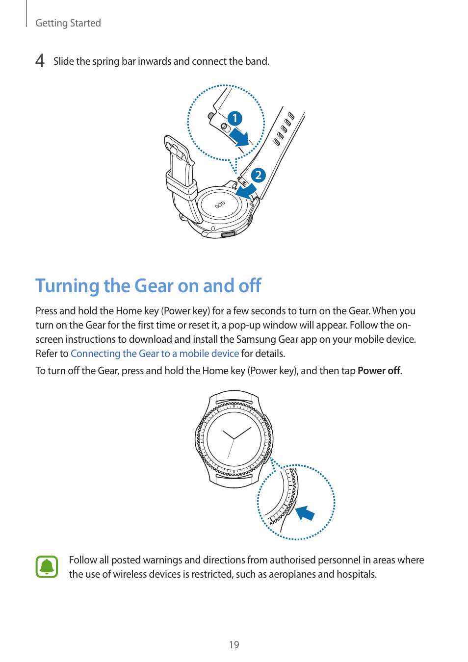 Turning the gear on and off, 19 turning the gear on and off | Samsung Gear S3 SM-R760 User Manual | Page 19 / 104